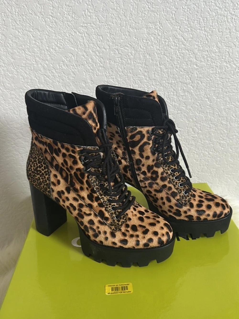 Gianni Bini Leopard Print Lace-Up Platform Ankle Boots - Tan/Black - Picture 3 of 7